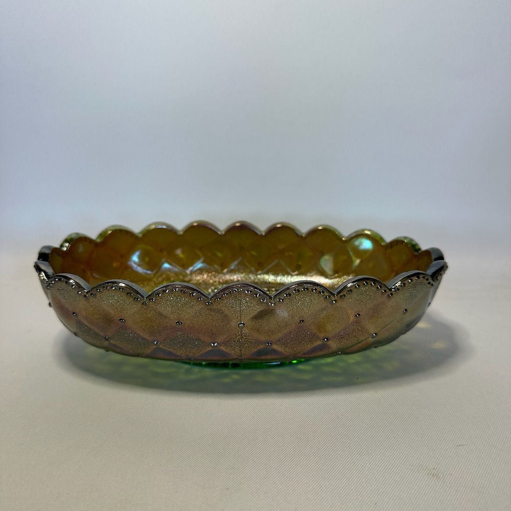 Vintage Imperial Carnival Glass Green Floral Pansy Oval Footed Bowl Serving Dish